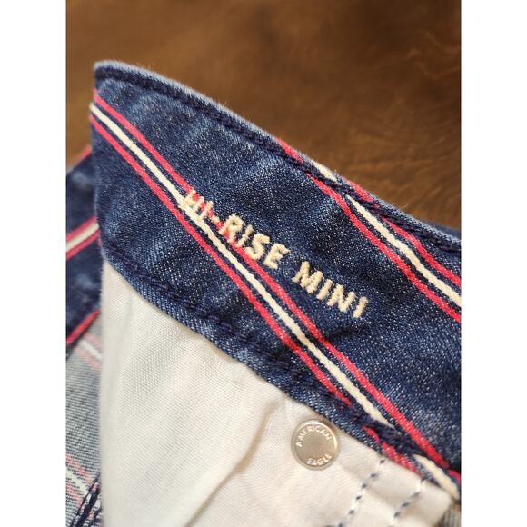 American Eagle Blue & Red Striped Super Stretch Hi-Rise Denim Mini Skirt Size 12 - Picture 4 of 7